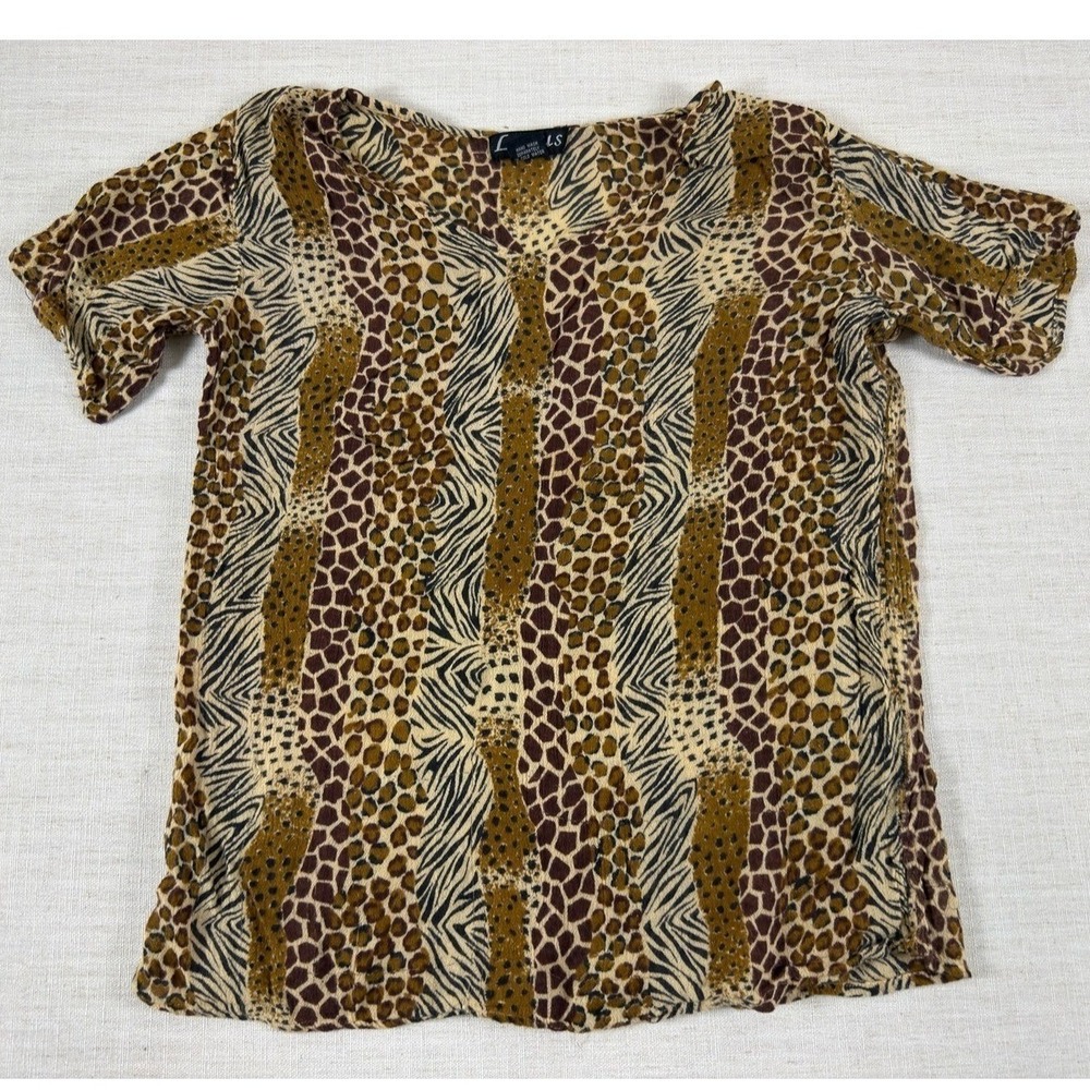 Lotus Women 1X Mixed Animal Print V-Neck Blouse Zebra Leopard Giraffe Rayon